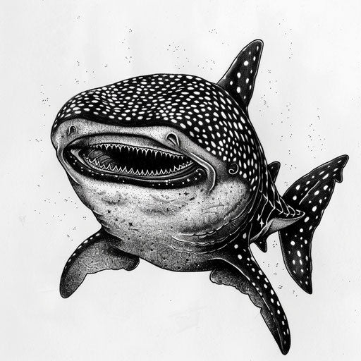 Bold sketch of a whale shark's head in flat tattoo style with dramatic, high contrast shading