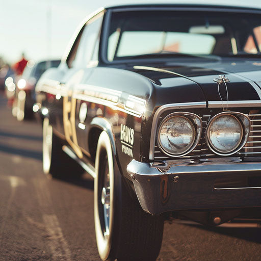 Vintage racing-inspired 1967 Chevy Bel Air on starting line of classic car race