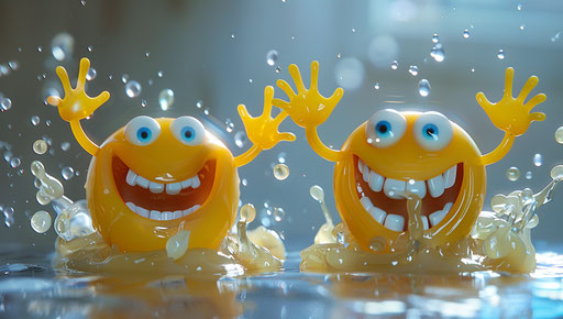 Two animated emotitors are smiling and waving their hands