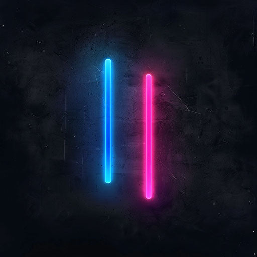 Neon logo with bold typography and electric blue and pink colors against black