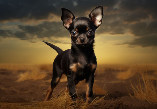 Chihuahua puppy on grassy field, dark black and gold style, sharp features
