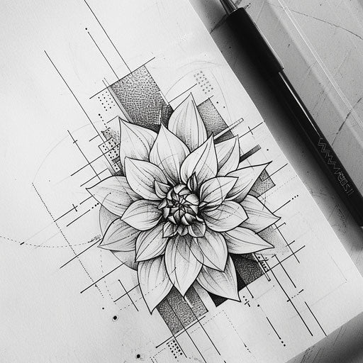 Geometric dahlia tattoo sketch with abstract patterns