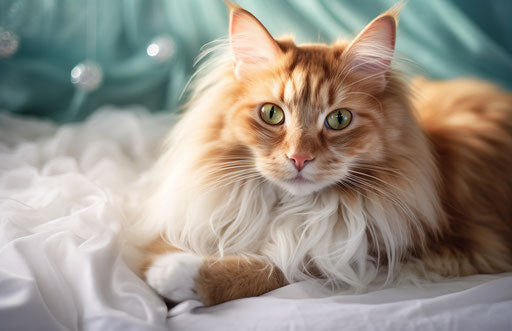 Fluffy cat resting on a bed with green eyes