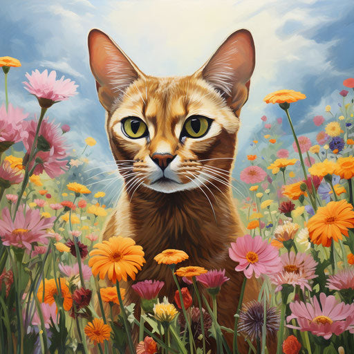Abyssinian cat in a field of flowers