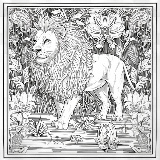 Lion in a magical forest in the style of Edward Julius Detmold