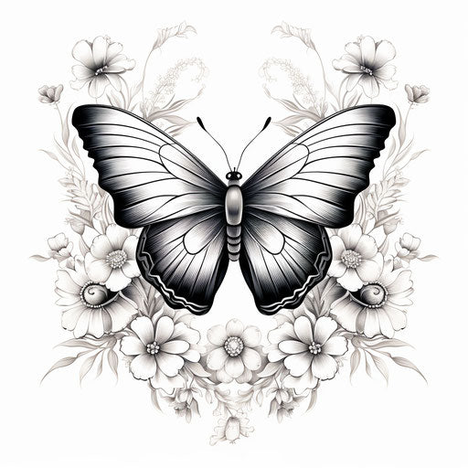 Black and white butterfly with flowers, fine lines style