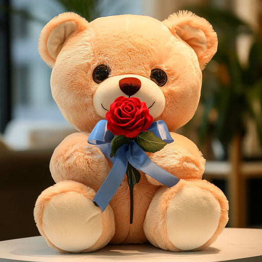 Teddy bear with a red rose on a white table