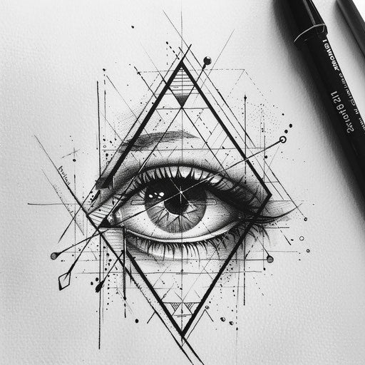 Mystical geometric eye tattoo detail on white