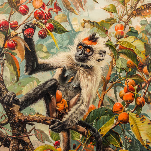 Zanzibar red colobus monkey reaching for fruit in colorful spice farm