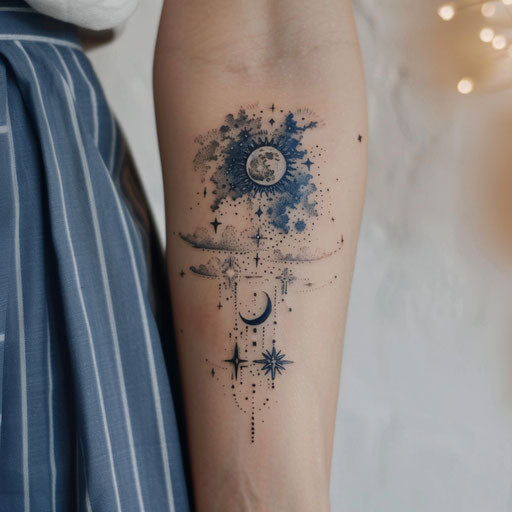 Detailed sketch of a single needle tattoo of a celestial scene with stars and moons in midnight blue tones