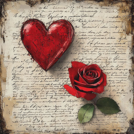 Red heart and rose on vintage love letters