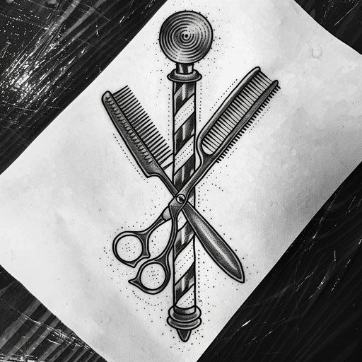 Bold flat sketch of a comb and scissors crossed over a barber pole