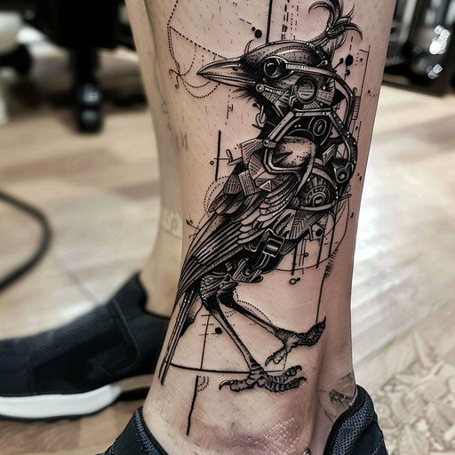 Ankle tattoos in the style of Adrian Smith featuring a mechanical bird