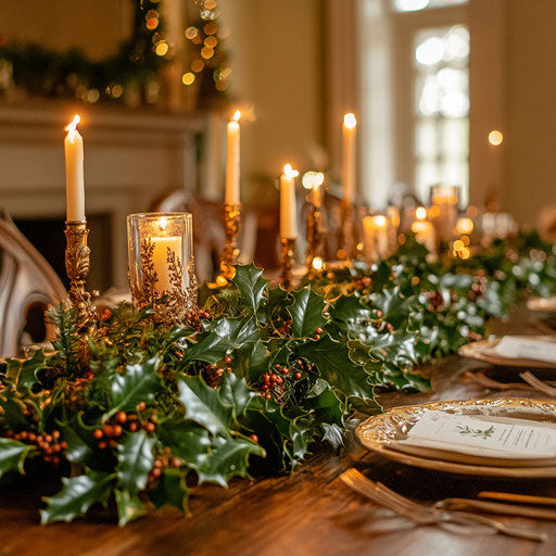 Festive table centerpiece with holly garland and candles