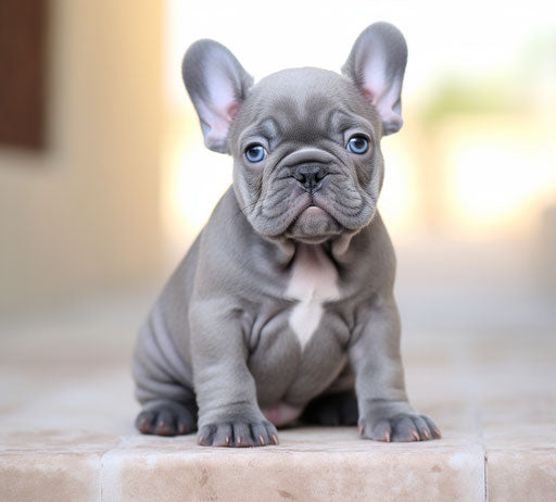 Grey and blue French bulldog puppy, light maroon and light gold style