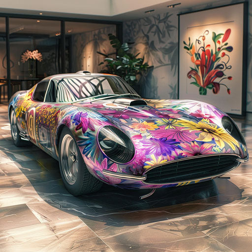 Shelby Daytona with a psychedelic paint job and Flower Power decals, embodying the spirit of the 1960s.