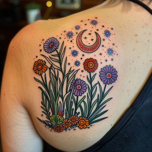 Wildflower and moon tattoo, celestial elements