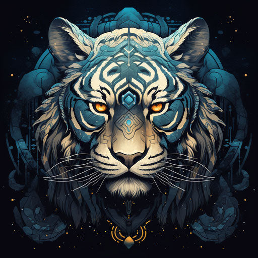 Tiger with yellow eye in esoteric blue-cyan style