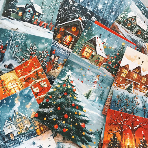 A border of festive Christmas cards, each displaying unique scenes or greetings, slightly overlapping