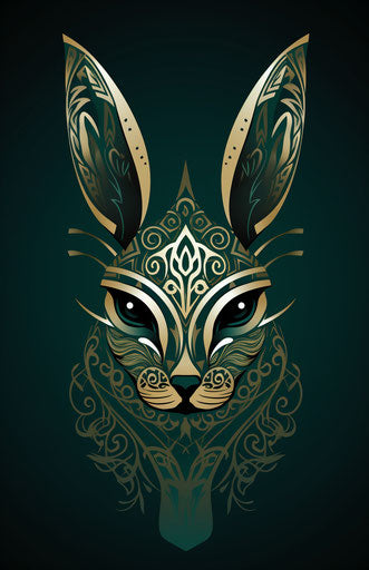 Black rabbit with gold tipped ears on green background, tribal style