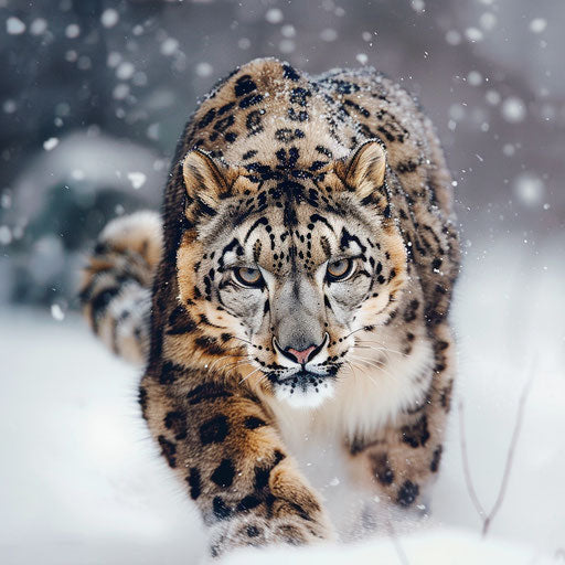 Snow leopard in blizzard, displaying resilience and strength