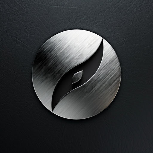 Round logo with a sleek, abstract icon on silver background