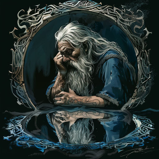 Reflective tattoo sketch of Baldur looking into a well of wisdom