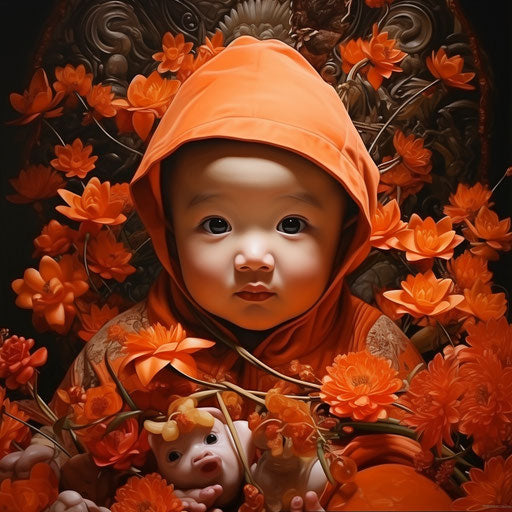 Baby in traditional attire with flowers under temple, zany humor