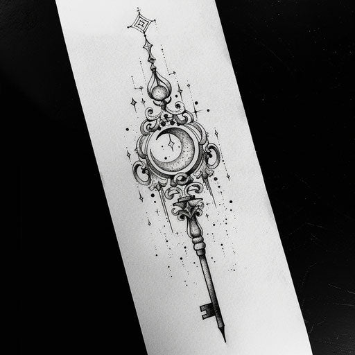 Mystical tattoo sketch of a key with celestial symbols