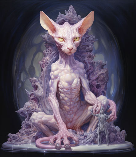 A cat with a sphynx in front of white background, light purple and maroon style