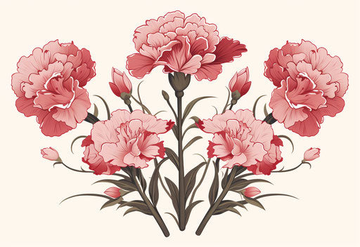 Vector illustration of pink flowering plants, in tattoo-inspired style, muted colors