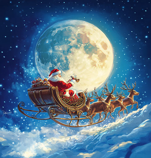 Santa Claus flying in sleigh with reindeer against moon background