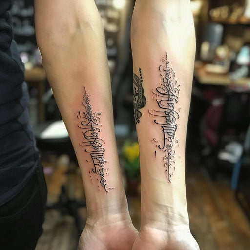 Matching sister tattoos of Elvish script, Peter Jackson style, arm