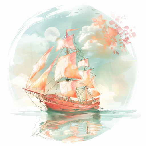 Serene sketch of pirate ship on calm waters