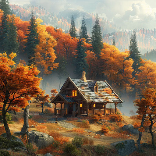 Secluded cabin in autumnal forest