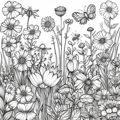Detailed garden scene with blooming flowers and insects. Coloring book page
