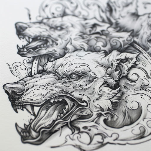 Mythological three-headed Cerberus in intense Greek tattoo on white