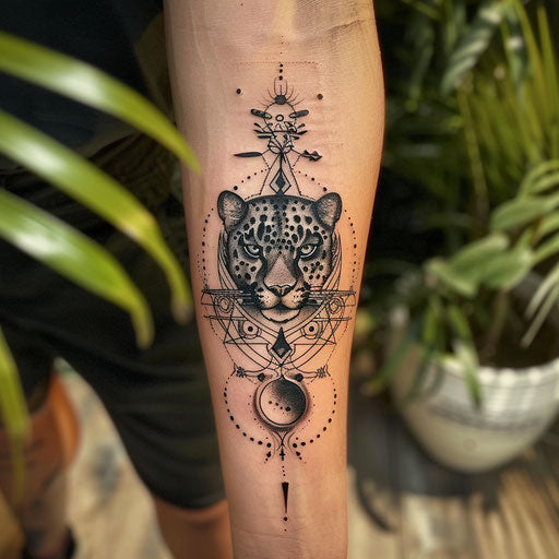 Mystical panther tattoo with magical symbols and moon phases