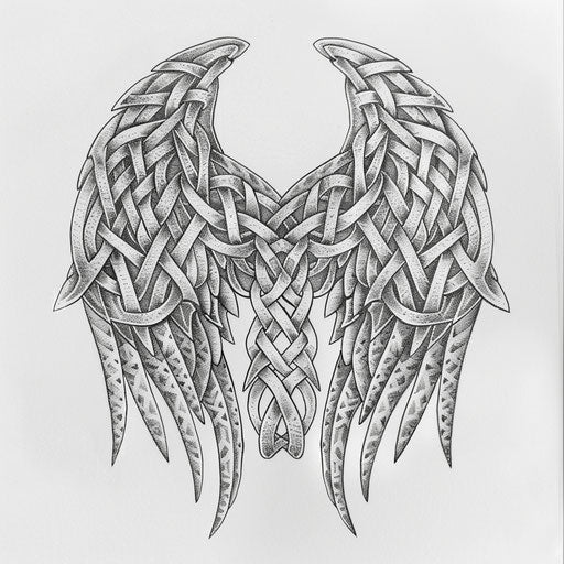 Celtic knotwork wings tattoo design on white canvas