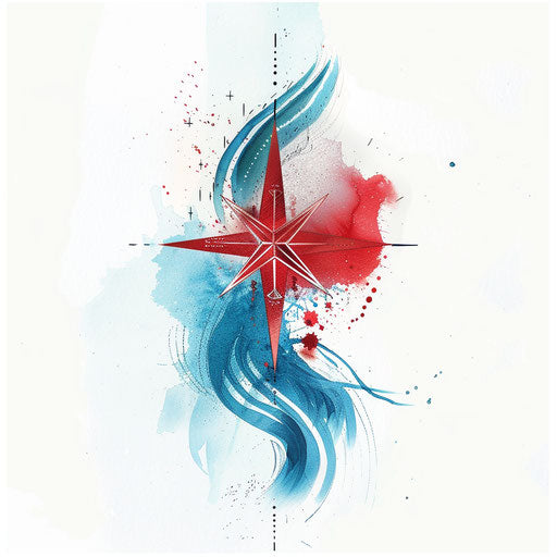 Bright red and blue North Star tattoo with abstract waves