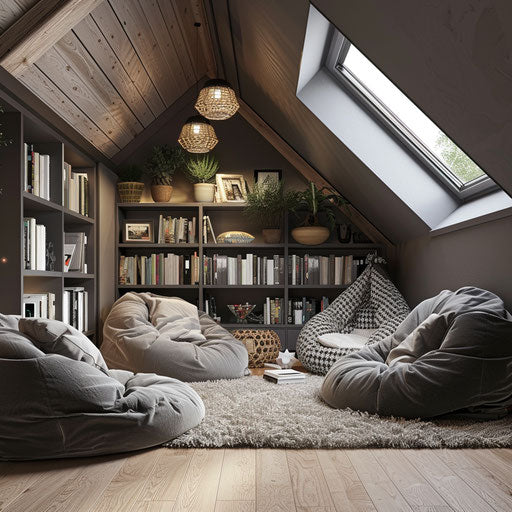 Cozy attic workspace with skylights and reading corner