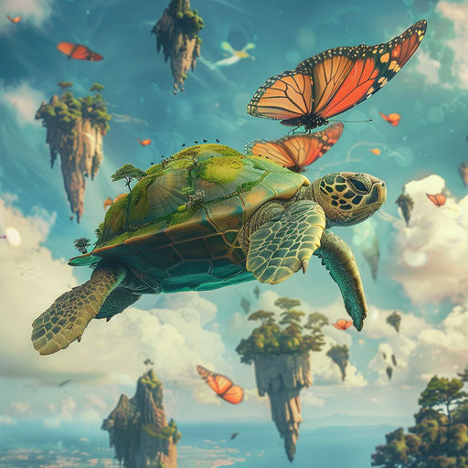 Flying turtle with butterfly wings among floating islands