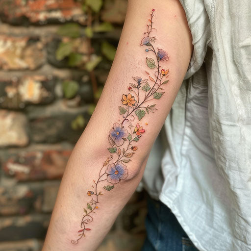 Wildflower vine tattoo, soft colors, organic design