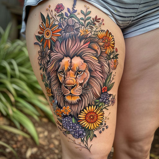 Wildflower tattoo with lion, regal colors, majestic pose, intricate details