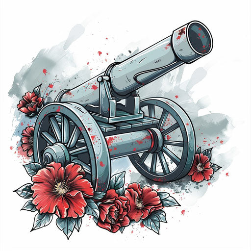 Traditional tattoo of a military cannon with floral motifs