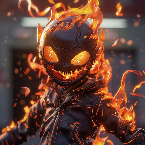 Happy face with flames on mask