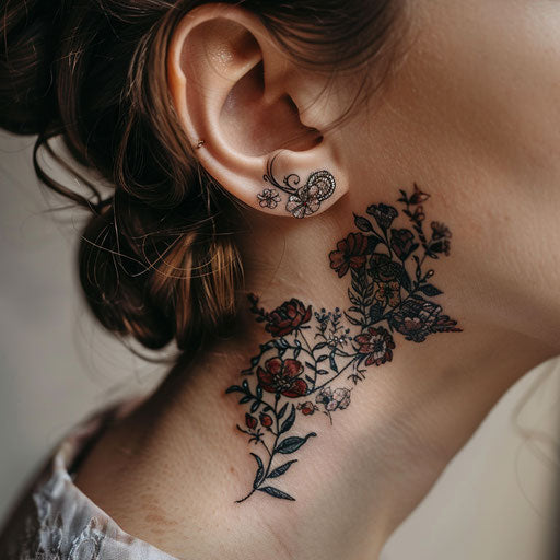 Ear tattoos in the style of Maria Sibylla Merian with botanical illustrations