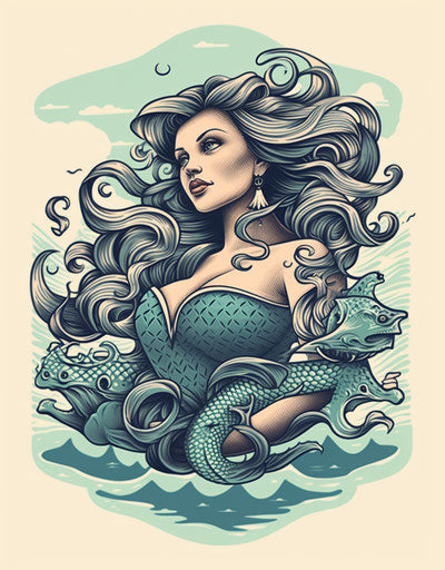 Mermaid with anchor, classic tattoo style