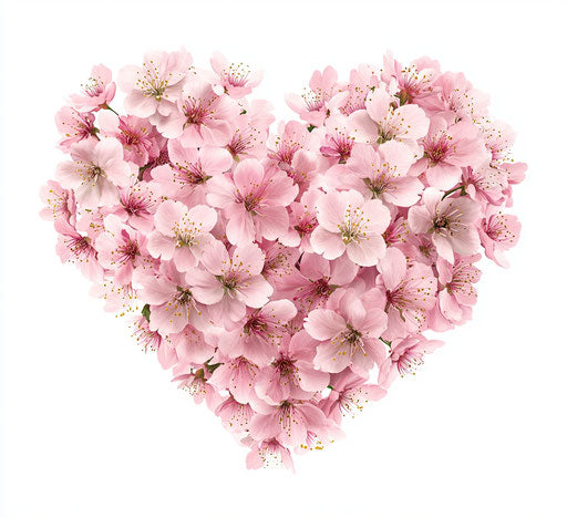 Pink heart made of cherry blossoms on white background