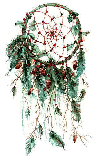 Dream catcher with feathers, wings and acorns, green and red tones